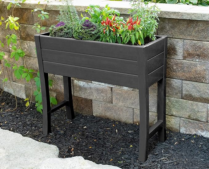 NuVue Products 26021 Outdoor Elevated Garden Bed for Growing Edible Plants and Flowers BPA-Free Woodgrain Panel Elevated Planter Box 35.5” L x 15” W x 32” H Dark Gray