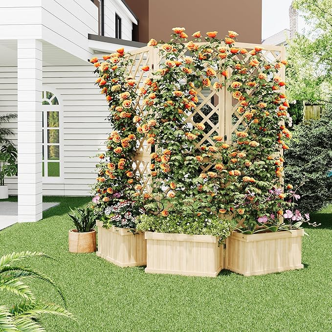 62x10x65 Freestanding Privacy Fence with Planter Box &amp Trellis - 3-Panel Outdoor Garden Divider Privacy Screen for Patio Deck Backyard - Planter with Trellis &amp Drain Holes Raised Bed Pla