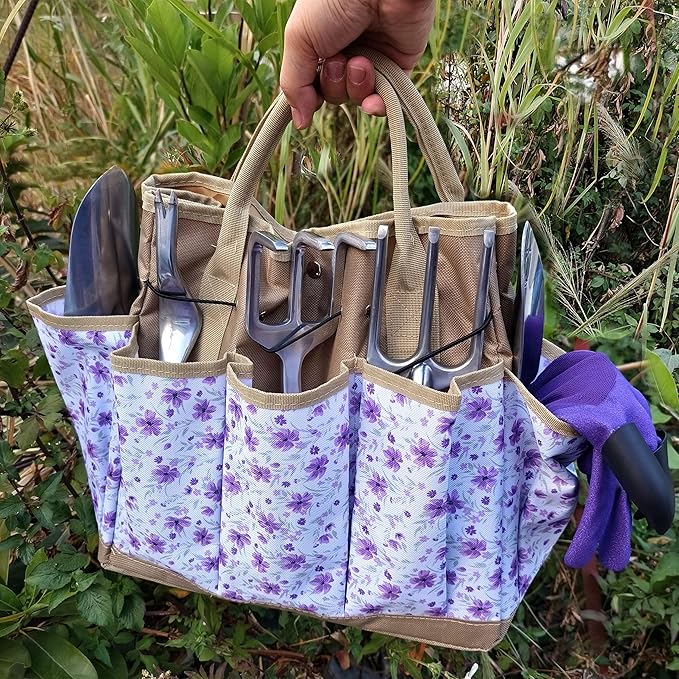 Gardening Tools – 42 Piece Premium Gardening Tool SetHeavy Duty Hand Tools with Fashion Garden Tools Organizer HandbagRust-Proof Gardening Tool Kit Ideal Gardening Gifts for Women((Purple Floral)
