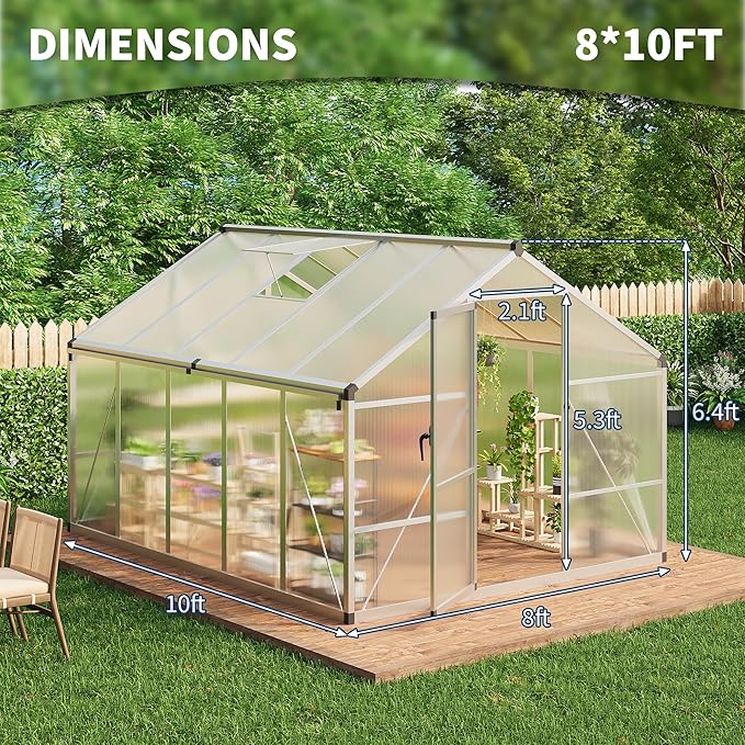 8X10 FT Outdoor Polycarbonate Greenhouse Sturdy Aluminum Frame Adjustable Roof Vent Ideal for Backyard Patio or Garden All-Weather Green House for Growing Plants and Vegetables