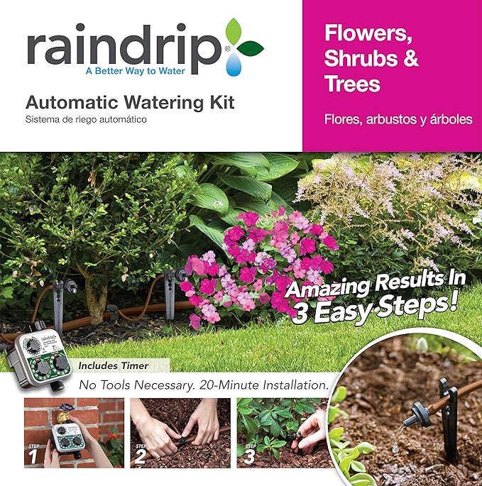 Raindrip SDFSTH1P Automatic Drip Irrigation Watering Kit with Timer for Flowers Shrubs and Trees Waters up to 10 Plants Includes Timer with Customizable Settings 2 GPH Drippers