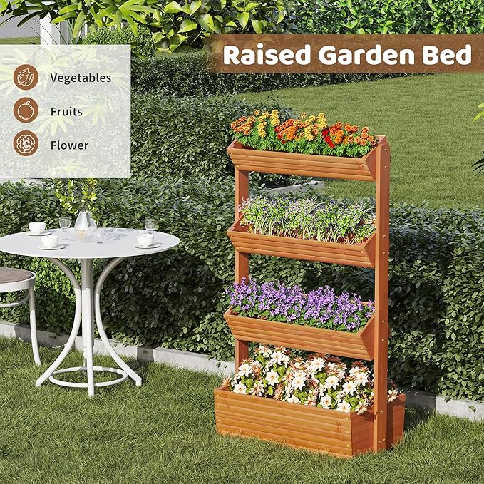 FILWH Wooden Raised Garden Bed Vertical Planter Box Freestanding Plant Stand for Indoor Outdoor Plants Herbs Flowers Vegetables Gardening (Reddish Brown 4-Tier29.9 x 17.9 x 55in)