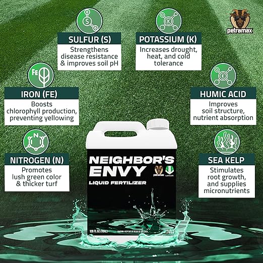 PetraMax Neighbor’s Envy Grass Fertilizer for Lawn &amp Garden 1 Gallon Covers up to 16000 sq.ft. 7-in-1 Liquid Lawn Fertilizer Concentrate for Deep Green Turf - Includes Nitrogen/Iron/Humic/Sea Ke