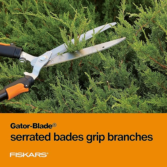 Fiskars Power-Lever Extendable Hedge Shears Self-Sharpening Serrated Steel Blades for Clean Cuts Handles Adjust 25-33 for High Reach Multiplies Leverage for 2x Power 10 Blades Orange/Black