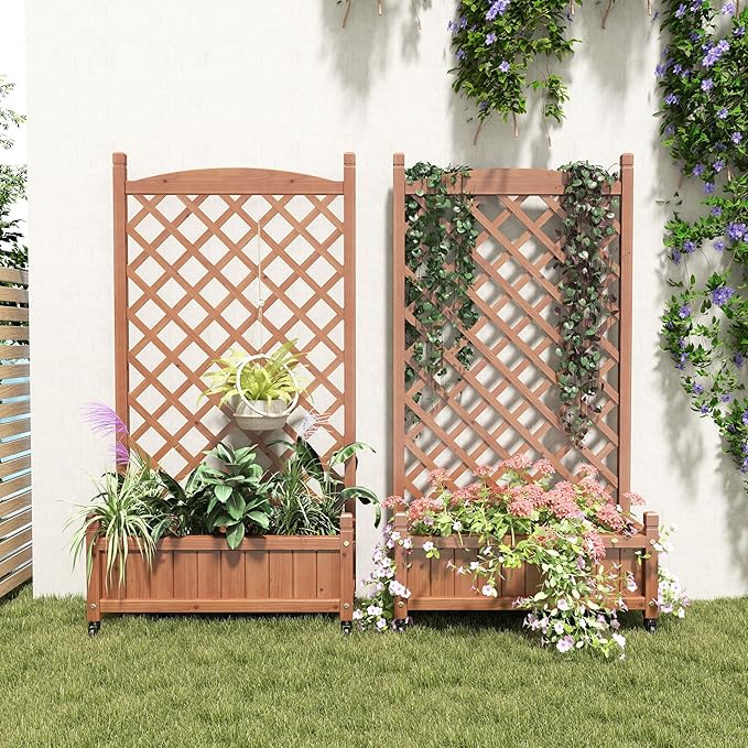Outdoor Planter Box with Trellis 2 Pack Tall Privacy Planters for Patio Rolling Planter Boxes with Trellis Privacy Screen Wooden Flower Boxes with Trellis for Patio Deck Balcony
