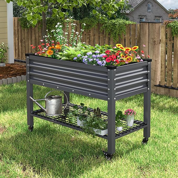 VEIKOU 48 x 24 x 34in Galvanized Steel Raised Garden Bed for Outdoor with Shelf and Casters Drainage Holes Steel Planter Box for Gardening Vegetable Flower Herb 507 lbs Capacity Gray