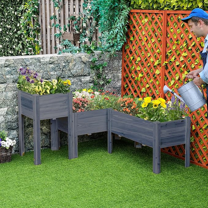 Outsunny Raised Garden Bed Set of 3 Wooden Elevated Planter Box with Legs and Bed Liner for Backyard and Patio to Grow Vegetables Herbs and Flowers Gray