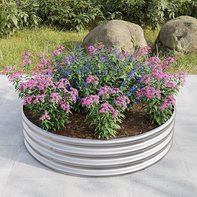 47.24 * 11.4 Tall Round Raised Garedn BedMetal Raised Beds for Vegetables Outdoor GRaised Planter Box Backyard Patio Planter Raised Beds for Flowers Herbs Fruits Silver